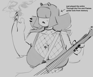 4_fingers antennae_(anatomy) anthro big_breasts black_text bodily_fluids breasts cleavage clothed clothed_female clothing collarbone directional_arrow electric_guitar female fingers fishnet_clothing fishnet_topwear furgonomic_piercing furgonomics grey_background guitar guitar_strap lips markings musical_instrument piercing plucked_string_instrument pseudo_hair simple_background smoke solo star_(marking) string_instrument sweat sweatdrop tentacle_hair tentacles text topwear rekkadraws sevin_(rekkadraws) animal_humanoid gastropod gastropod_humanoid humanoid mollusk mollusk_humanoid slug_humanoid 2025 digital_drawing_(artwork) digital_media_(artwork) english_text monochrome portrait sketch
