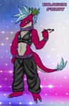 anthro blue_hair bottomwear clothing eyewear hair male multicolored_body multicolored_scales pants red_eyes scales solo sunglasses tail text topwear two_tone_body two_tone_scales viroveteruscy mythology warning_cream_filled dragon_fruit_(viroveteruscy) dragon mythological_creature mythological_scalie scalie absurd_res english_text hi_res