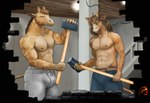 abs anthro bottomwear brick_wall brown_hair bulge clothed clothing construction_worker duo fur hair hammer horn long_hair male mane muscular muscular_anthro muscular_male ossicone pants pecs sledgehammer tan_body tan_fur tools topless wall_(structure) zorro_re giraffe giraffid mammal