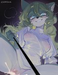 anthro black_background blue_eyes bodily_fluids breasts clothing crazy_eyes cum cum_in_vagina cum_inside dress duo female female_penetrated first_person_view genital_fluids genitals green_hair grinning_at_viewer hair leash leashed_pov looking_at_viewer male male/female male_penetrating male_penetrating_anthro male_penetrating_female nipples penetration penile penile_penetration penis penis_in_vagina sex simple_background translucent translucent_clothing translucent_dress vaginal vaginal_penetration vulva krapekk mammal hi_res