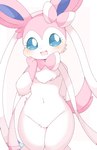 ambiguous_gender anthro anthrofied blue_eyes blush cute_fangs eyelashes fangs featureless_crotch fur happy kemono looking_at_viewer multicolored_body multicolored_fur nude open_mouth open_smile pink_body pink_fur pokemorph smile smiling_at_viewer solo tail teeth tongue white_body white_fur wide_hips kuzuyu nintendo pokemon canid eeveelution generation_6_pokemon mammal pokemon_(species) sylveon 2022 digital_media_(artwork) hi_res portrait three-quarter_portrait