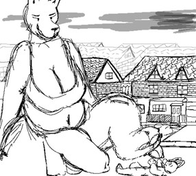 anthro big_penis duo genitals gynomorph huge_penis hyper hyper_genitalia hyper_penis intersex intersex/male macro male paws penis size_difference kingmalt canid canine mammal monochrome
