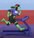 black_body black_fur bottomless clothed clothing feet fur genitals green_body green_fur gym hat headgear headwear inside male pantsless penis solo treadmill bear213 bdgym lagomorph leporid mammal rabbit hi_res