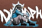 anthro boots bottomwear braided_hair chain_jewelry clothing colored_nails denim denim_bottomwear denim_clothing denim_jacket denim_shorts denim_topwear femboy fishnet_clothing fishnet_topwear footwear fur graffiti grey_body grey_fur hair hat headgear headwear horn jacket leggings legwear male nails shoes shorts solo tail topwear torn_clothing torn_leggings torn_legwear white_body white_fur nodoph monster_energy bovid caprine goat mammal hi_res