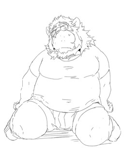 anthro bodily_fluids bottomwear clothing eyewear glasses humanoid_hands kemono male overweight overweight_anthro overweight_male shirt shorts simple_background sitting solo sweat topwear white_background train_(artist) felid lion mammal pantherine 2015 monochrome