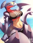 anthro beach big_breasts bikini blue_body bra breasts camel_toe clothing cloud day female fin hand_behind_head outside seaside sky solo spikes swimwear tail tail_fin thick_thighs two-piece_swimsuit underwear wide_hips sk3tchk4t nintendo pokemon garchomp generation_4_pokemon pokemon_(species) scalie hi_res