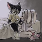 anthro ball_fondling balls bed clothed clothing duo fellatio female fondling foreskin furniture genitals holding_penis kneeling kneeling_oral_position male male/female on_bed oral panties partially_clothed penile penis sex sitting sitting_on_bed underwear horizon-fucker domestic_cat felid feline felis lagomorph leporid mammal rabbit