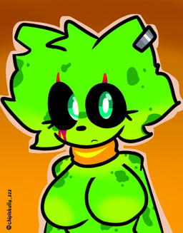 :< anthro black_sclera breasts ear_piercing eyelashes facial_scar featureless_breasts female fur green_body green_eyes green_fur green_hair hair jewelry medium_breasts nude piercing scar short_hair simple_background solo spots chipiskully_zzz katy_(chipiskully) domestic_cat felid feline felis ghost mammal spirit 2026 digital_drawing_(artwork) digital_media_(artwork) portrait shaded signature simple_shading