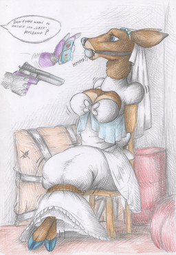 5_fingers anthro ball_gag barrel bdsm black_nose blue_eyes bondage bound bow_ribbon breasts bride brown_body brown_fur chair clothed clothing deer_ears dialogue dress duo electronics faceless_character female fingers fur furniture gag gagged gloves gun half-closed_eyes hands_behind_back hands_tied handwear holding_object holding_phone holding_weapon hooves hostage inside legs_tied logo motion_lines muffled muffled_speech narrowed_eyes offscreen_character on_chair open_mouth open_mouth_gag phone phone_call pointing_gun ranged_weapon restraints rope rope_bondage rope_harness sitting sitting_on_chair submissive submissive_anthro submissive_female teeth text weapon wedding_dress spiritalpha deer mammal artist_logo english_text hi_res