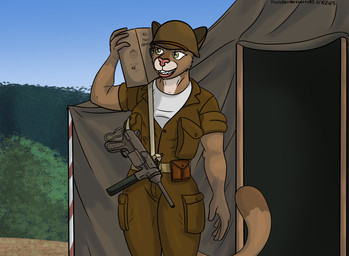 anthro armor box brown_body brown_fur clothing container dipstick_limbs dipstick_tail female fur green_clothing green_eyes gun headgear helmet holding_object m3_grease_gun markings military_helmet military_uniform ranged_weapon solo submachine_gun tail tail_markings tan_body tan_fur tent uniform weapon white_clothing panzerschreckleopard carol_shepherd cougar felid feline mammal 2025 colored hi_res