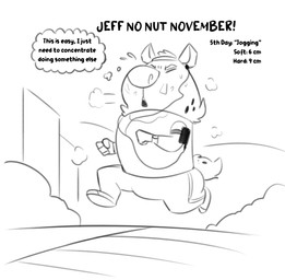 4_fingers anthro bodily_fluids breath earbuds electronics exercise eyes_closed fingers headphones jogging male outside overweight solo sweat text thought_bubble thewilldpink no_nut_november jeffrey_taggart hyena mammal 2021 english_text meme monochrome