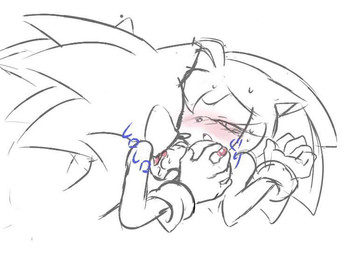 antenna_hair anthro aroused black_nose blush blush_lines breast_fondling breast_play breasts clothing cosplay duo eyelashes female fondling glistening glistening_nose gloves hair hand_on_breast handwear head_spines head_tuft licking looking_pleasured male nipple_fetish nipple_lick nipple_play nipples open_mouth pointy_ears prick_ears quills_(anatomy) selective_coloring short_hair text tongue tuft garugirosonicshadow sega sonic_the_hedgehog_(series) amy_rose sonic_the_hedgehog eulipotyphlan hedgehog mammal japanese_text monochrome sketch