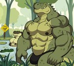 abs anthro areola biceps biped bulge claws clothed clothing countershade_face countershade_tail countershade_torso countershading fingers green_body group lily_pad male muscular muscular_anthro muscular_male nipples non-mammal_nipples partially_submerged pecs plant tail text topless topless_anthro topless_male tree trio water darknaigart alligator alligatorid crocodilian reptile scalie absurd_res english_text hi_res