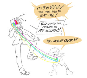 ambiguous_gender bottomwear bow_tie clothing dialogue disgust duo electronics female footwear for_a_head gloves handwear jacket narrowed_eyes open_mouth screen screen_face shoes shorts speech_bubble television text topwear steampoweredwerehog the_property_of_hate hero_(tpoh) rgb_(tpoh) human humanoid mammal object_head screen_head tv_head english_text hi_res