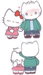 anthro blush blush_lines canon_couple clothed clothing dear_daniel domestic_cat dress duo english_text felid feline felis female hand_holding hello_kitty_(character) hello_kitty_(series) hoodie male male/female mammal mouthless romantic romantic_couple sanrio size_difference smaller_female text topwear touboutenshi
