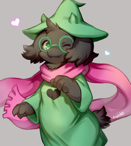 4_fingers anthro black_body black_fur black_hair blush claws clothing cute_fangs eyewear fangs finger_claws fingers floppy_ears fluffy fur glasses green_clothing green_eyes grey_background hair happy hat headgear headwear heart_symbol horn kemono looking_at_viewer male male_anthro one_eye_closed robe round_glasses scarf simple_background smile smiling_at_viewer solo teeth wearing_glasses wink young young_anthro young_male ponpo_ko5 deltarune undertale_(series) ralsei bovid caprine darkner goat mammal 2021 digital_media_(artwork) half-length_portrait hi_res portrait signature