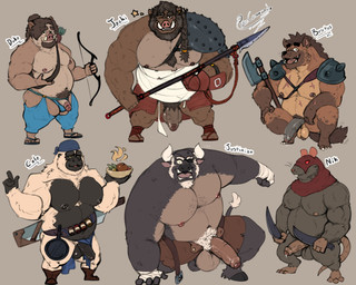 anthro axe balls beard belly big_belly big_penis bodily_fluids bow_(weapon) brown_body brown_fur circumcised circumcision_scar clothed clothing eye_patch eyewear facial_hair foreskin fur genital_fluids genital_scar genitals group humanoid_genitalia humanoid_hands humanoid_penis looking_at_viewer male melee_weapon moobs mostly_nude musclegut muscular nipples one_eye_closed open_mouth overweight overweight_anthro overweight_male partially_clothed partially_retracted_foreskin penis precum pubes ranged_weapon scar simple_background weapon desertb0ar ape bovid bovine cattle gorilla haplorhine hyena mammal murid murine primate rat rodent spotted_hyena suid suine sus_(pig) wild_boar 2022 5:4 hi_res