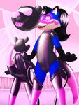 anthro black_body black_fur black_hair blue_body blue_fur bodysuit brainwashing bulge clothed clothing crossdressing detailed_bulge drone dronification duo femboy fur genital_outline hair hypnosis latex legwear long_hair male mind_control multicolored_body multicolored_fur penis_outline pink_background pink_eyes pink_nose simple_background skinsuit spiral_eyes tight_clothing two_tone_body two_tone_fur sexotheque sexotheque_(copyright) eamon canid canine fox mammal 2020 absurd_res digital_drawing_(artwork) digital_media_(artwork) hi_res