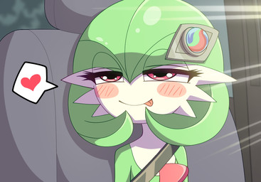 accessory bedroom_eyes blush blush_lines blush_stickers chest_horn chest_spike eyelashes female front_view green_hair hair hair_accessory inside_vehicle licking licking_lips light light_beam narrowed_eyes naughty_face not_furry pictoral_speech_bubble pink_eyes pseudo_hair satisfied satisfied_look scene_parody seat seat_belt seductive smile solo spikes spikes_(anatomy) sunlight tongue tongue_out wb nintendo pokemon poketoon tomorrow_with_gardevoir yugo's_gardevoir gardevoir generation_3_pokemon humanoid pokemon_(species) 2025 cel_shading shaded