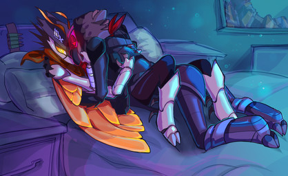 anthro bed cuddling duo furniture male male/male on_bed romantic wings bubonicflamingo brawlhalla reno_(brawlhalla) widowmaker_reno_(brawlhalla) arachnid arthropod hymenopteran insect spider wasp