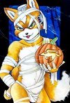 anthro blep bulge clothed clothing fur green_eyes holidays jack-o'-lantern male mummy_costume mummy_wrappings navel orange_body orange_fur skimpy solo starfox_logo tongue tongue_out ulala_ko halloween nintendo star_fox fox_mccloud canid canine fox mammal hi_res