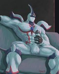 abs balls bodily_fluids cum cum_on_hand cum_on_own_penis cum_on_penis cum_on_self furniture genital_fluids genitals male masturbation muscular muscular_male not_furry pecs penile penile_masturbation penis sitting sofa solo white_body white_skin pokegontc yu-gi-oh! elemental_hero_neos alien duel_monster humanoid 4:5 absurd_res hi_res