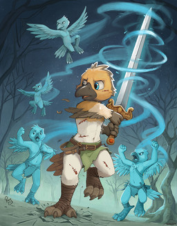 anthro beak blue_eyes clothed clothing feathers front_view glistening glistening_eyes group holding_melee_weapon holding_object holding_sword holding_weapon logo male melee_weapon night open_mouth outside plant standing sword topless tree weapon white_body white_feathers yellow_body yellow_feathers young young_anthro young_male pandapaco avian spirit artist_logo hi_res signature