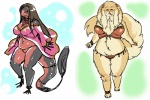 anthro bikini bracelet breasts brown_hair clothed clothing duo female fluffy hair jewelry long_hair non-mammal_breasts skimpy slightly_chubby swimwear tail tight_clothing tongue tongue_out two-piece_swimsuit wide_hips jyoka amphibian canid canine canis chow_chow domestic_dog giant_salamander mammal salamander spitz 3:2