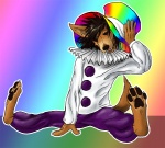 anthro brown_eyes brown_hair clothing clown colorful_background costume feet hair hat headgear headwear hindpaw male paws pierrot_costume rainbow solo tail top_hat vallhound canid canine mammal colorful_theme digital_media_(artwork) full-length_portrait portrait