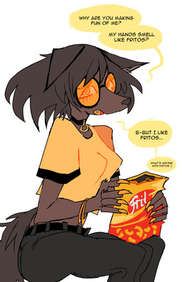 anthro bodily_fluids breasts brown_body brown_fur brown_hair clothed clothing collar colored_nails eyewear fangs female food fur glasses hair holding_food holding_object looking_at_viewer nails orange_eyewear orange_glasses sad simple_background sitting solo tail tears teeth text white_background genc fritos lulu_(genc) canid canine canis domestic_dog mammal english_text hi_res