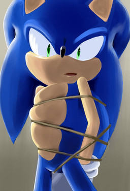 ambiguous_gender anthro arms_tied belly black_nose blue_body blue_fur bound clothing fingers fur gloves green_eyes hands_behind_back hands_tied hands_tied_behind_back handwear looking_at_viewer open_mouth pupils quills_(anatomy) rope simple_background small_pupils solo standing tan_arms tan_belly tan_muzzle white_clothing white_gloves white_handwear kalk427 sega sonic_the_hedgehog_(series) sonic_the_hedgehog eulipotyphlan hedgehog mammal shaded male_(lore)