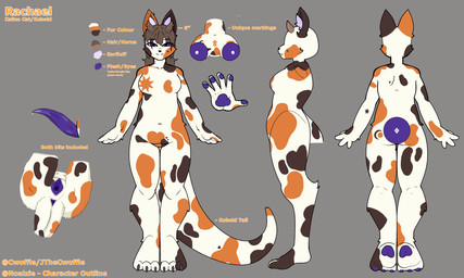 anthro anus breasts brown_hair cervix ear_piercing ear_ring featureless_breasts female fur gaping gaping_anus gaping_vagina genitals gynomorph hair horn intersex markings navel penis piercing purple_penis purple_vulva ring_piercing solo spots spotted_body spotted_fur spread_anus spread_vulva spreading tapering_penis text vulva cwoffle rachael_(cwoffle) calico_cat domestic_cat felid feline felis hybrid kobold mammal scalie 5:3 absurd_res english_text hi_res model_sheet