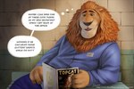 7theaven anthro disney english_text felid fully_clothed_anthro leodore_lionheart lion magazine male mammal open_mouth pantherine prison_uniform reading signature solo text zootopia