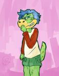 absurd_res anthro blue_eyebrows blue_eyes blue_hair bottomwear clothed clothing dinosaur eyebrows fingers giggling green_body green_skin hair hi_res male pink_background reptile rey_de_tlaxcala scalie shirt shorts simple_background smile solo standing tail teeth topwear