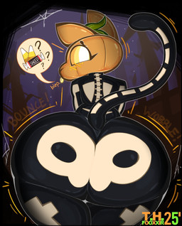 anthro big_butt black_bodysuit black_clothing black_skinsuit blush blush_lines bodysuit butt clothing eyelashes female food for_a_head fruit huge_butt jack-o'-lantern looking_at_viewer looking_back looking_back_at_viewer plant pumpkin rear_view skeleton_costume skinsuit solo text thick_thighs tight_clothing tongue tongue_out wide_hips yellow_tongue thfooxxir epic_games fortnite spice_(fortnite) domestic_cat felid feline felis mammal object_head hi_res