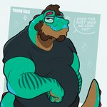 5_fingers anthro blue_markings bottomwear brown_body brown_hair clothing dialogue eyewear facial_hair fingers fist glasses goatee green_body green_markings grey_clothing grey_shirt grey_topwear hair hand_in_pocket looking_at_viewer male markings musclegut muscular muscular_anthro muscular_male overweight pants pockets red_spikes scale_markings scales shirt short_sleeves sideburns simple_background smile solo spiked_tail spikes spikes_(anatomy) sweatpants tail text topwear yellow_eyes trick_rex trick_rex_(character) dinosaur prehistoric_species reptile scalie theropod tyrannosaurid tyrannosauroid tyrannosaurus tyrannosaurus_rex 1:1 absurd_res flat_colors half-length_portrait hi_res portrait signature