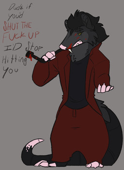 anthro black_body black_fur black_hair blood blood_on_weapon blood_splatter bodily_fluids chibi clothing fur green_eyes hair long_tail male mild_blood red_clothing solo tail text tire_iron weapon possumgod ricin_(possumgod) american_opossum mammal marsupial english_text hi_res