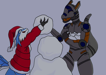 4_ears anthro biped blue_body blue_feathers claws clothed clothing duo feathered_wings feathers grey_body laugh machine male male/male mohawk multi_ear simple_background snow snowman tail tail_feathers white_body white_feathers winged_arms wings winter winter_clothing kreeper_art rogue_emberwing xeno_emberwing avali avian synth_(vader-san) absurd_res digital_media_(artwork) hi_res