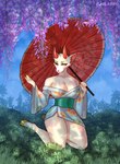 animal_crossing anthro asian_clothing breasts cervine clothing deer east_asian_clothing elmilagro female genitals hi_res japanese_clothing kimono mammal nature nature_background nintendo outside pinup pose pussy raining shino_(animal_crossing) solo thick_thighs wet wet_body wide_hips