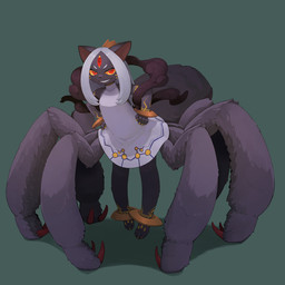 3_eyes 3_toes 8_legs arm_markings barefoot black_body black_ears black_fur black_nose bracelet cheek_markings claws clothed clothing cross-shaped_pupils dress facial_markings feet foot_markings front_view fur grey_background grey_body grey_fur grin hair hands_on_hips head_markings humanoid_hands jewelry kemono leg_markings long_hair looking_at_viewer markings monotone_hair multi_eye red_claws red_eyes simple_background smile solo split_form standing toe_claws toes white_clothing white_dress white_hair yellow_markings yellow_sclera kamukamu6392 the_lesser_key_of_solomon bael_(goetia) arachnid arachnid_taur arthropod arthropod_taur felid feline hybrid mammal spider spider_taur taur 1:1 2025 colored full-length_portrait hi_res portrait shaded