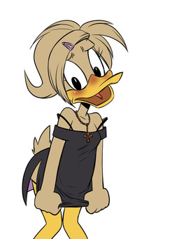accessory anthro blush bottomless bottomless_female breasts clothed clothing cross cross_necklace crossgender dress embarrassed eyelashes female hair_accessory hairpin jewelry mtf_crossgender necklace non-mammal_breasts small_breasts solo chochi disney ducktales ducktales_(2017) fenton_crackshell anatid anseriform avian bird duck 2021 3:4 hi_res