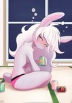 alcohol anthro beverage breasts clothed clothing drunk female green_eyes hair holding_beverage holding_object inside long_hair looking_at_viewer pink_clothing pink_underwear sitting solo substance_intoxication topless underwear white_hair window unousaya lagomorph leporid mammal rabbit 2021