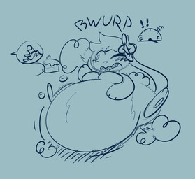 accessory anthro belly big_belly bloated blush blush_lines breasts burp_cloud burping cake dessert digitigrade exclamation_point fart fart_cloud featureless_breasts feederism female female_anthro female_focus food fuel_gauge hair_accessory hairclip huge_belly meter one_eye_closed open_mouth solo_focus raquao lagomorph leporid mammal rabbit greyscale monochrome sketch
