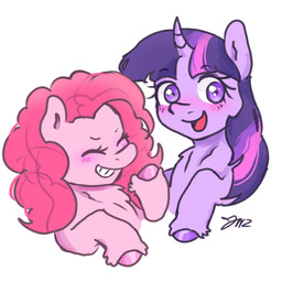 blush curly_hair duo eyes_closed female feral fetlocks hair hooves horn laugh simple_background smile jupiterrwuz friendship_is_magic hasbro my_little_pony mythology pinkie_pie_(mlp) twilight_sparkle_(mlp) earth_pony equid equine horse mammal mythological_creature mythological_equine pony unicorn hi_res