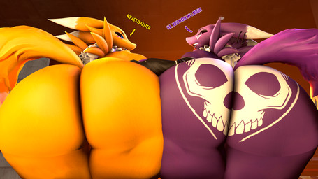 anthro ass_to_ass big_butt black_sclera blue_eyes bone butt dialogue duo ear_piercing female female/female huge_butt piercing purple_eyes skull skull_head tail talking_to_another talking_to_partner thick_thighs wide_hips asriren warfaremachine_(modeler) bandai_namco digimon rona_(asriren) warfare_renamon digimon_(species) hybrid mammal mephitid renamon skunk 16:9 3d_(artwork) digital_media_(artwork) hi_res widescreen