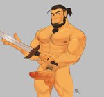 balls beard biceps big_penis brown_eyes erection facial_hair genitals glans grey_background holding_melee_weapon holding_object holding_sword holding_weapon looking_at_viewer male melee_weapon muscular muscular_humanoid muscular_male nipples not_furry nude nude_humanoid nude_male pecs penis pubes simple_background smile solo sword three-quarter_view tusks vein veiny_penis weapon kupoklein katu humanoid orc portrait three-quarter_portrait