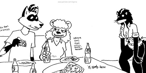 anthro bedroom_eyes beverage_bottle bottle bottomwear breasts cleavage clothed clothing container daisy_dukes denim denim_bottomwear denim_clothing denim_shorts facial_markings female fluffy fluffy_tail food furniture gloves_(marking) group head_markings hotpants male male/female markings mask_(marking) midriff narrowed_eyes pizza seductive shorts sitting soda_bottle table tail trio whiskers tegerio zandar's_saga catherine_o'daisies krista_blonde rick2tails bear mammal mephitid procyonid raccoon skunk 2024 monochrome