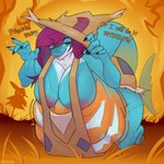 ambiguous_gender ambiguous_prey anthro anthro_pred body_art breasts clothing costume female female_pred holidays jack-o'-lantern predator/prey pumpkin_belly scarecrow solo unseen_prey vore shimon_(artist) halloween ych_(character) fish marine shark 1:1 absurd_res hi_res