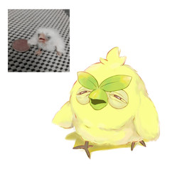 3_toes ahoge ambiguous_gender beak biped bipedal_feral black_eyes coin eyebrows feet feral fur glistening glistening_eyes green_beak green_body green_fur hair high-angle_view humor leaf looking_at_viewer narrowed_eyes open_mouth pose real simple_background solo squint tired_eyes toes wings aquisces_arts game_freak nintendo pokemon pokemon_winds_and_waves avian bird browt generation_10_pokemon pokemon_(species) 1:1 2026 absurd_res colored digital_drawing_(artwork) digital_media_(artwork) english_description full-length_portrait hi_res portrait reference_image shaded