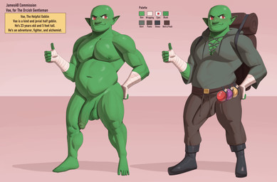 bald balls boots clothing erection feet footwear genitals gesture green_body green_skin half-closed_eyes hand_gesture hand_wraps humanoid_genitalia humanoid_penis humanoid_pointy_ears male medieval_clothing muscle_tone musclegut muscular muscular_humanoid muscular_male narrowed_eyes nude pecs penis pointy_ears potion potion_bottle red_eyes shoes smile smirk smug smug_face solo text thumbs_up toes wraps jamesab goblin humanoid absurd_res english_text hi_res model_sheet
